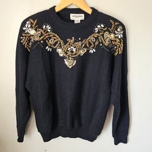 EUC VINTAGE STYLE ALFRED DUNNER JEWELED CHEST BLACK PULLOVER SWEATER SIZE M (P)
